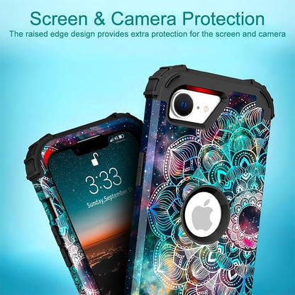 Hocase for iPhone 17e/iPhone 16e Case, Heavy Duty Shockproof Protection Hard Plastic+Silicone Rubber Hybrid Protective Phone Case for iPhone 17e/16e 6.1" - Mandala in Galaxy