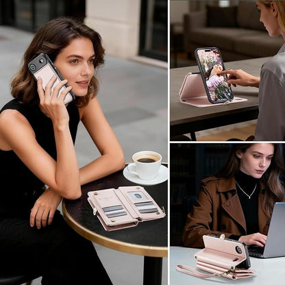 Strapurs for iPhone Air Detachable Wallet Case Compatible with Magsafe for Women, RFID Blocking 9-Card Holder Zipper Strap Lanyard PU Leather Magnetic Phone Case for iPhone 17 Air 6.5", Rose Gold