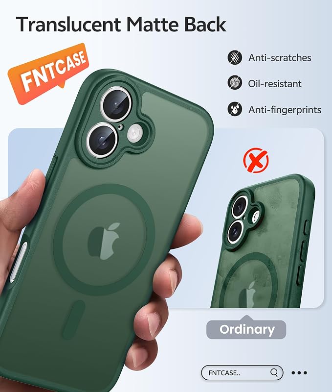 FNTCASE for iPhone 16 Case: [Compatible with Magsafe] Translucent Matte Cases with [Full Camera Protection] [Screen Protector] Military Grade Shockproof Protective Phone Cover - Green