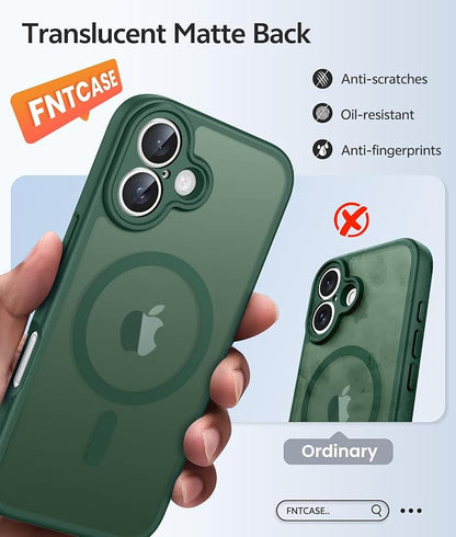 FNTCASE for iPhone 16 Case: [Compatible with Magsafe] Translucent Matte Cases with [Full Camera Protection] [Screen Protector] Military Grade Shockproof Protective Phone Cover - Green