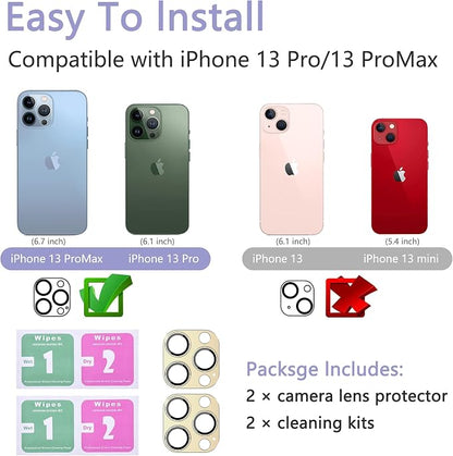 2 Pack Camera Lens Protector for iPhone 13 Pro/13 Pro Max,[Not Easy to Breakn ] AR Tempered Glass Strong Adsorption Metal Camera Cover Screen-Gold