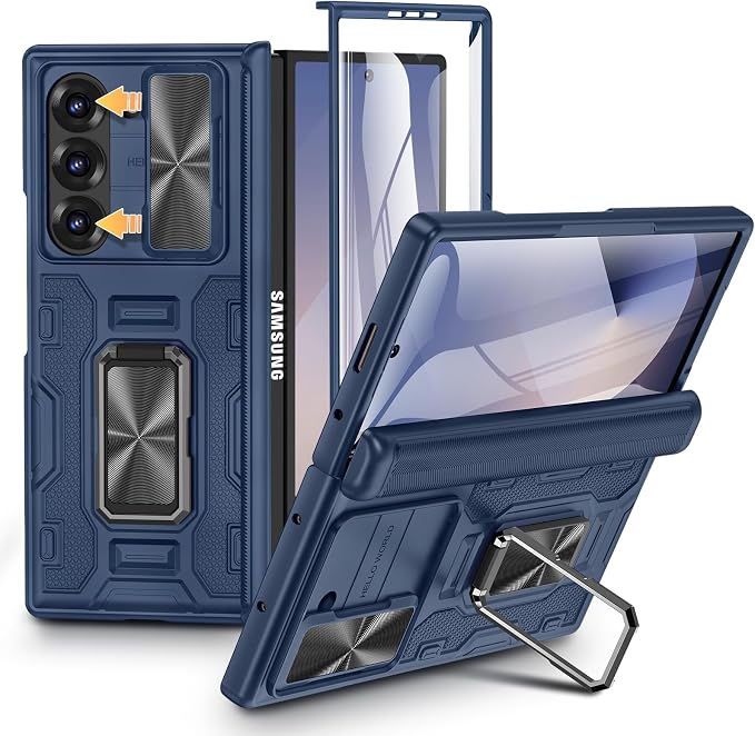 VEGO for Samsung Fold 6 Case with Slide Camera Cover&Hinge Protection,Blue | Built-in Screen Protector & 360°Rotecting Ring Stand, Shockproof Protective Phone Case for Samsung Z Fold 6 5G 2024