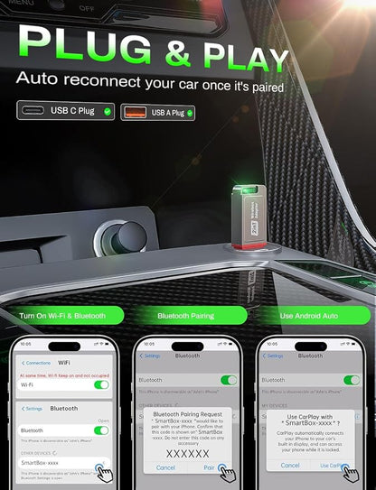 2026 Wireless CarPlay Adapter Support Apple CarPlay & Android Auto, 2-in-1 USB A & USB C Mini Bluetooth Dongle Convert Wired to Wireless Compatible with iPhone & Android