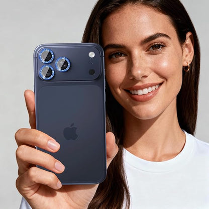 Compatible for iPhone 17/17 Pro/iPhone 17 Pro Max Camera Lens Protector Bling, Cute Sparkle Glitter Camera Cover for Women, Individual Ring, Anti-Scratch (3 Protectors + 1 Extra), Deep Blue