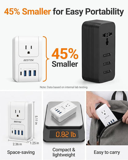BESTEK Universal Travel Adapter, International Power Adapter with 1 Outlets 4 USB Charging Ports (1 USB C PD 35W), Plugs for EU, UK, US, China, AU, Japan - for Laptop, Phone, Camera