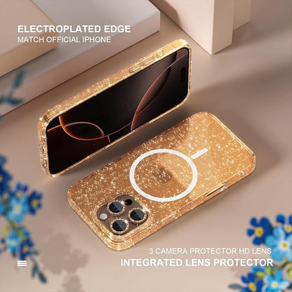 Choiche for iPhone 16 Pro Case Magnetic, Women Clear Glitter Bling Sparkly Case, [3xDiamond Camera Lens Protectors] [2xTempered Glass Screen Protectors] [Compatible MagSafe] 6.3"(Glitter Gold)
