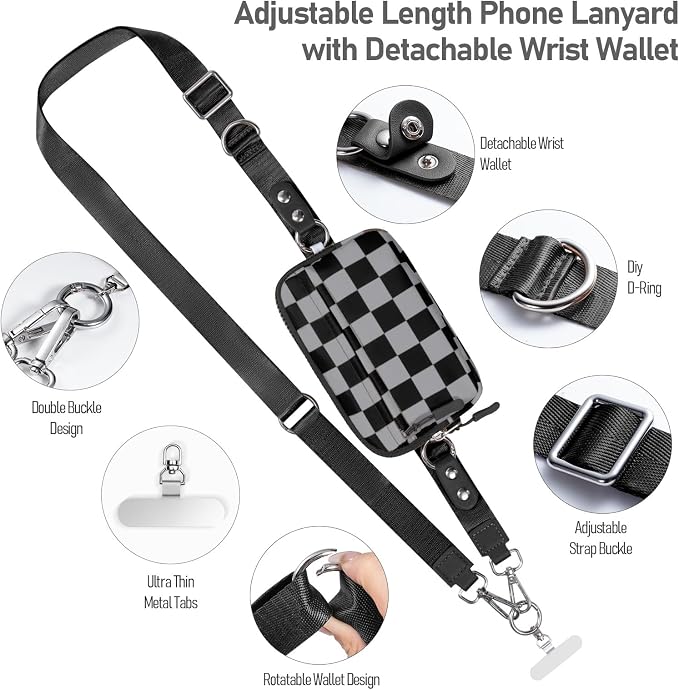 Clip and Go Strap for Phone with Wallet Crossbody Phone Lanyard and Detachable Checkered Bag with ID Window and RFID Pouch for Daily Travel.