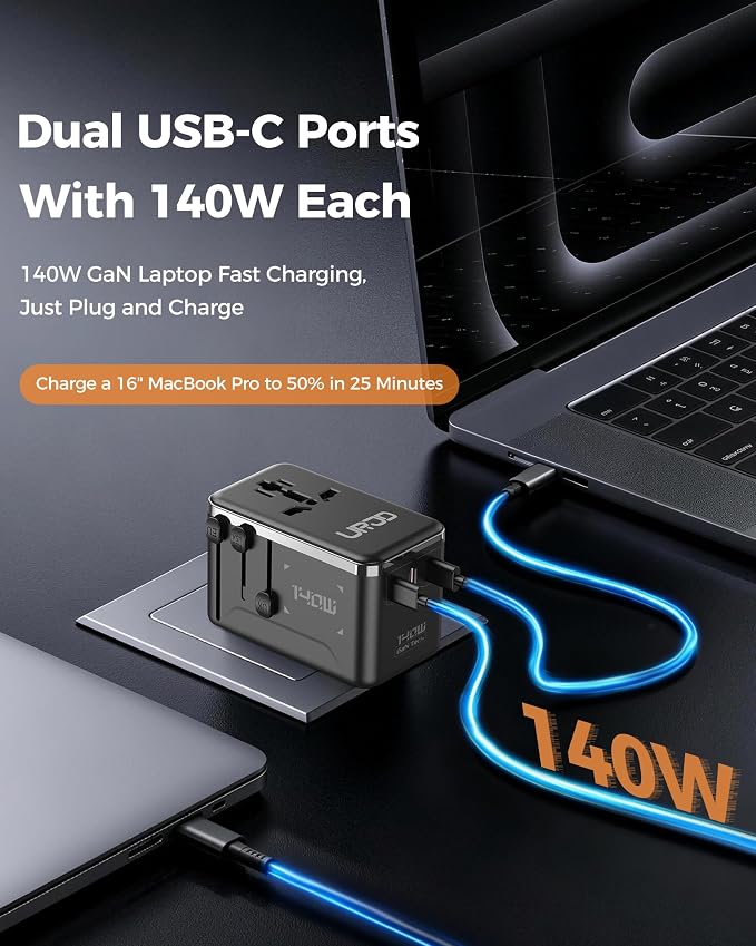 140W Max GaN Universal Travel Adapter for Europe UK US 200+ Countries | 3 USB C 1 USB A & 2500W AC Outlet, International Power Adapter Fast Charger Compatible for MacBook Pro/Air, iPhone, Laptop
