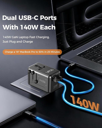 140W Max GaN Universal Travel Adapter for Europe UK US 200+ Countries | 3 USB C 1 USB A & 2500W AC Outlet, International Power Adapter Fast Charger Compatible for MacBook Pro/Air, iPhone, Laptop