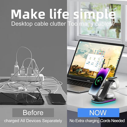 Wireless Charging Station, Qi2 15W 4-in-1 Charger Station for iPhone 17/16/15/14/13/12 Series, Watch Airpods 1-8/Ultra, iPad, AirPods (Black 4 in 1)