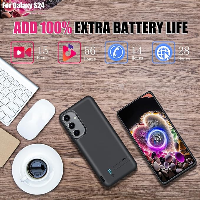 Battery Case for Samsung Galaxy S24, 5000mAh Rechargeable Extended Battery Charging Charger Case, Add 100% Extra Juice, Not Compatible with S24+ or S24 Ultra (6.2 inch) Black