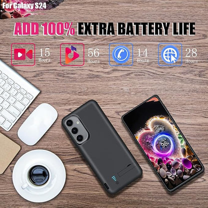Battery Case for Samsung Galaxy S24, 5000mAh Rechargeable Extended Battery Charging Charger Case, Add 100% Extra Juice, Not Compatible with S24+ or S24 Ultra (6.2 inch) Black