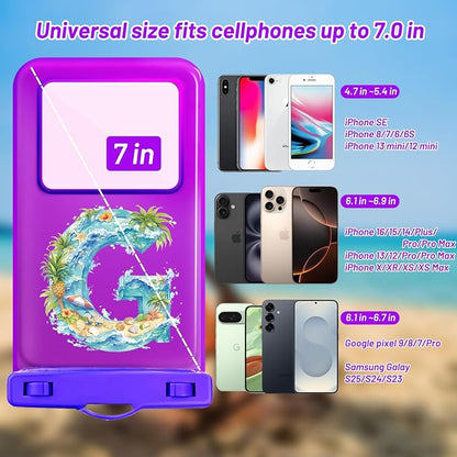 Personalized Initial Waterproof Phone Pouch Case - IPX8 Cellphone Dry Bag with Lanyard for iPhone 16/15/14/13/12 Pro Max (6.1–6.9"), Beach & Cruise Ship Essentials with Monogrammed Design (Purple, G)