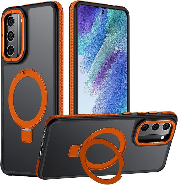 for Samsung Galaxy S21 FE Case, Magnetic Adjustable Ring Stand [Fit for Magsafe], [Military-Grade Shockproof Protection] Phone Case with Kickstand&Ring Holder (Orange)