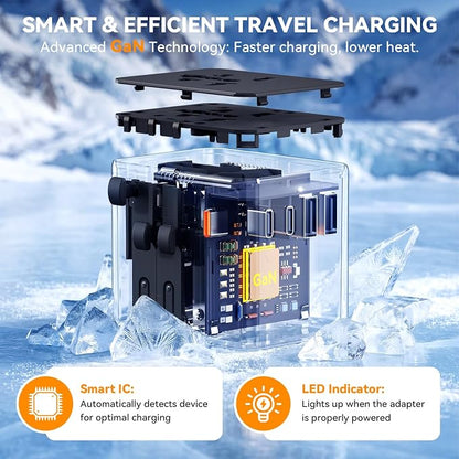 Auxmir Universal Travel Adapter, 45W PD Fast Charging Travel Plug Adapter with 2 USB-A and 3 USB-C Ports，International Adapter for EU, USA, UK, Asia, Worldwide Use, Black