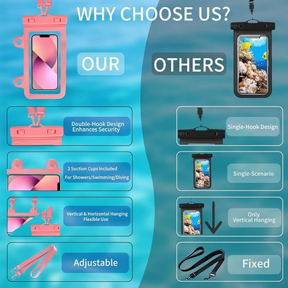 XL Waterproof Phone Pouch iPhone &Shower Phone Holder Waterproof with 2 Suction Cups,Water Phone Protector Pouch with Adjustable Lanyard,Floating Phone Case for iPhone 16 15 14 Pro Max (Pink)
