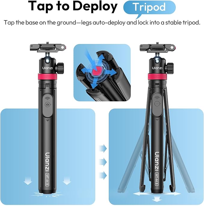 ULANZI MT-44B Phone Tripod, 59'' Auto Open Phone Stand with Dual Camera Set up, 360° Ball Head, Extendable Selfie Stick w Cold Shoe for Filming/Selfie in Vlog, Family Gatherings, Black