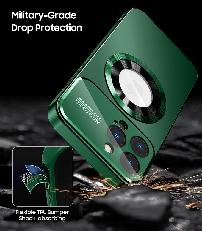 Magnetic for iPhone 15 Pro Max Case, Compatible with MagSafe, Built-in Camera Lens Protector, Logo View, Military Grade Drop Proof Phone Cover, Green