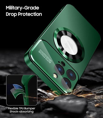 Magnetic for iPhone 15 Pro Max Case, Compatible with MagSafe, Built-in Camera Lens Protector, Logo View, Military Grade Drop Proof Phone Cover, Green