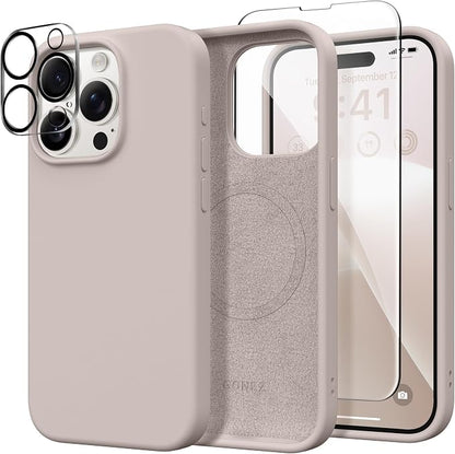 GONEZ Magnetic for iPhone 15 Pro Case, Compatible with MagSafe, [Screen Protector + Camera Lens Protector], Silicone Shockproof Anti-Scratch Protective Phone Case 6.1 inch, Dark Grey