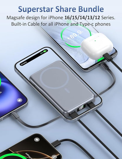 Magnetic Portable Charger, 10000mAh Power Bank, 5 in 1 Portable Charger with Built in Cable, 20W Fast Charging for Magsafe Battery Pack Compatible with iPhone 17/16/15/14/13/12 Pro/Pro Max-SpaceGray