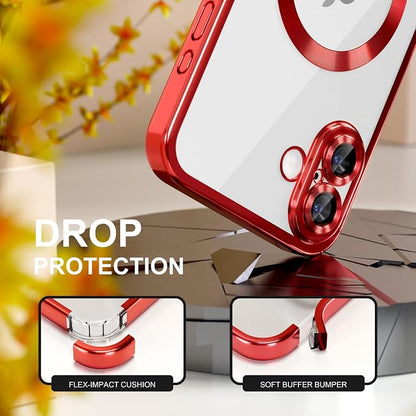 Misea Magnetic for iPhone 17 Case Compatible with MagSafe [Never Yellowing] [Military Grade Drop Protection] Full Camera Lens Protector Plating Soft Clear Phone Case for Women, Red