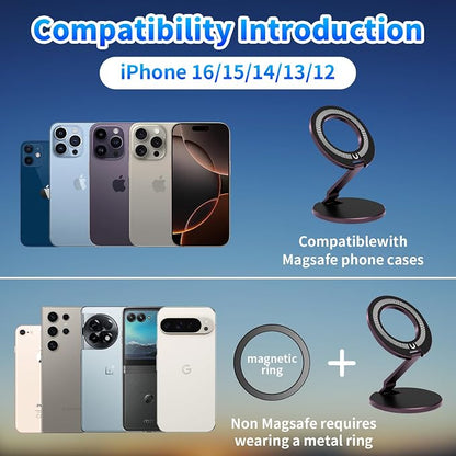 Double Magnetic Ring Phone Holder, Strong Dual-Sided Magnet Mount for iPhone, Android & MagSafe Cases, Iron Surface Compatible