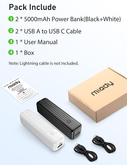 Miady 2-Pack Small Portable Charger 5000mAh Power Bank Travel Battery Pack | Dual USB丨Pocket Size丨Lightweight丨for Backpack丨Compatible with iPhone Android etc丨18.5Wh丨Flight-Safe丨Ultra-Compact丨Black+White