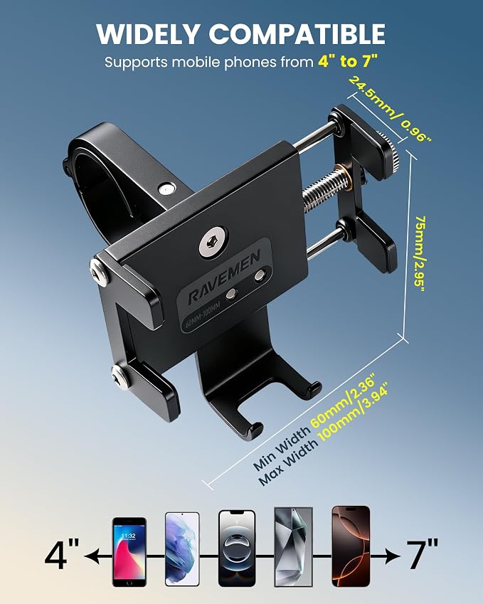 Ravemen Bike Phone Holder, 6066 Aluminum Motorcycle Phone Mount for 4-7'' Cell Phones with 4+1 Anti-Vibration Pads, Bicycle Scooter Phone Clamp Fit 20-35mm Handlebars