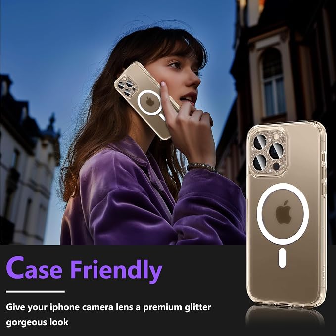 Camera Lens Protector for iPhone 16 Pro/iPhone 16 Pro Max, Glitter Camera Cover with 9H Tempered Glass Metal Ring, Lens Protector for iPhone 16 Pro/16 Pro Max (Glitter-Titanium Gold)
