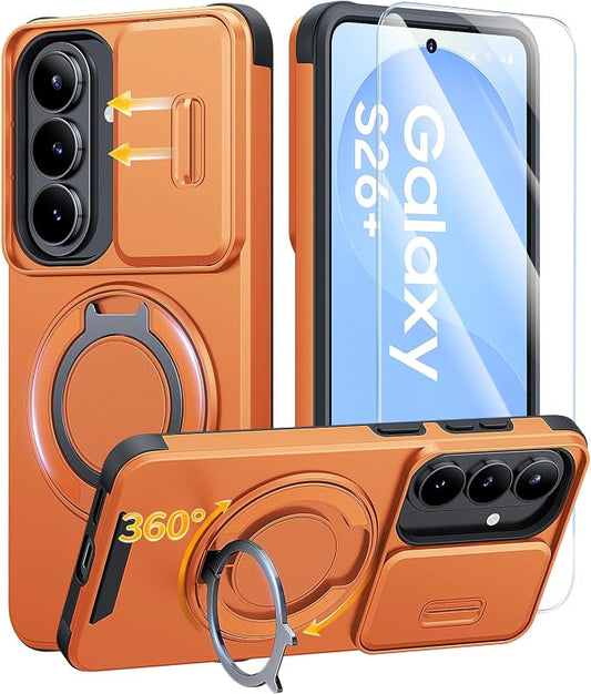 JAME for Samsung Galaxy S26+ Plus Case, Ring Holder Stand Kickstand, Slide Camera Cover with Screen Protector, Dual-Layer Shockproof Protective, Magnetic Accessory Friendly S26 Plus Phone Case, Orange