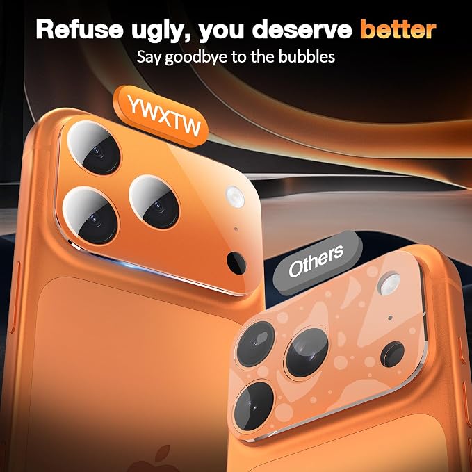 YWXTW [0 Bubbles for iPhone 17 Pro Max Camera Protector, Full Coverage Tempered Glass Lens Screen Protector for iPhone 17 Pro Max Accessories, Case Friendly, HD Clear, 3 Pack (Cosmic Orange)