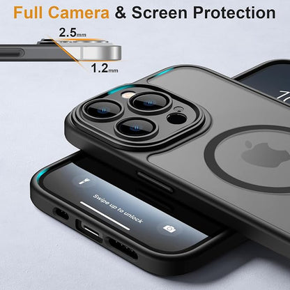 ROYBENS for iPhone 13 Matte Clear Case Compatible with Magsafe, Full Camera Lens Protection, Screen Protector, Wrist Strap, Translucent Magnetic Slim Hard Protective Phone Cover,6.1-Inch, Black
