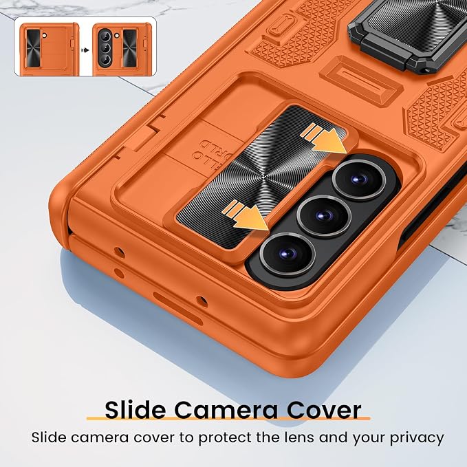 VEGO for Galaxy Fold 5 Case,with Slide Camera Cover Screen&Hinge Protector | Full Body Protection Shockproof Magnetic Kickstand Hard Phone Case for Samsung Galaxy Z Fold 5 2023-Orange