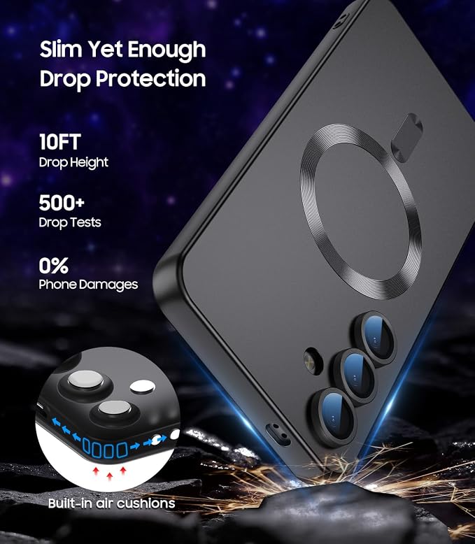 Magnetic for Samsung Galaxy S24 Case [Compatible with MagSafe][Built-in Camera Lens Protector] Slim Soft Silicone Bumper Shockproof Metallic Luster Phone Case (Black)