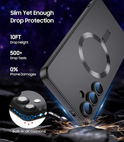 Magnetic for Samsung Galaxy S24 Case [Compatible with MagSafe][Built-in Camera Lens Protector] Slim Soft Silicone Bumper Shockproof Metallic Luster Phone Case (Black)