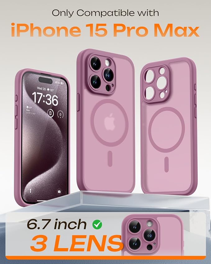 TOCOL for Phone 15 Pro Max Case, Compatible with Magsafe Charger, Full Camera Protection, Drop Protection, Translucent Matte Phone Case for iPhone 15 Pro Max 6.7 inch (Lilac Purple)