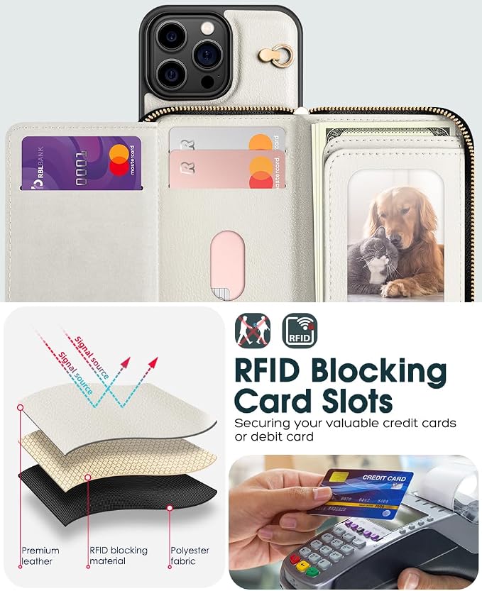 OCASE Compatible with iPhone 16 Pro Max Crossbody Wallet Case with Card Holder, PU Leather Zipper Handbag Phone Purse with RFID Blocking Kickstand Wrist Strap Lanyard 6.9 Inch, Cream