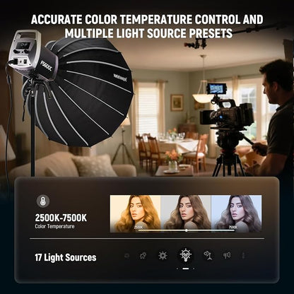 NEEWER Pro 600W RGB LED Video Light APP/2.4G/DMX Control, 2500-7500K 52500lx/1m COB Continuous Output Lighting, CRI95+/TLCI97+ Spotlight with Bag for Studio Photography Recording Streaming, FS600C