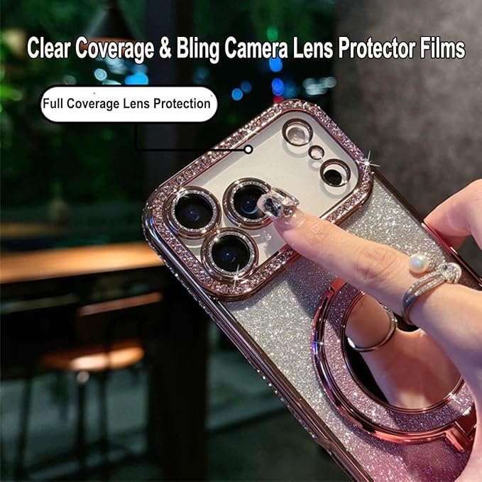 for iPhone 17 Pro Magnetic KickStand, [Compatible with Magsafe] Shockproof Glitter Makeup Mirror Ring Holder Camera Protector Girls Woman Cute Bling Phone Cover for iPhone 17 Pro 6.3", Orange