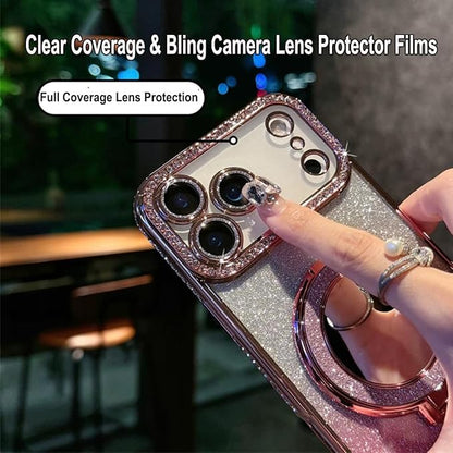 for iPhone 17 Pro Magnetic KickStand, [Compatible with Magsafe] Shockproof Glitter Makeup Mirror Ring Holder Camera Protector Girls Woman Cute Bling Phone Cover for iPhone 17 Pro 6.3", Orange