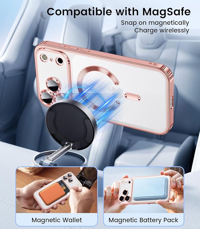 Slim Thin for iPhone 17 Pro Case Clear, Compatible with MagSafe, Built-in Camera Lens Protector, Shockproof Protective Phone Case, Soft Electroplated Magnetic Cover, Rose Gold/Pink