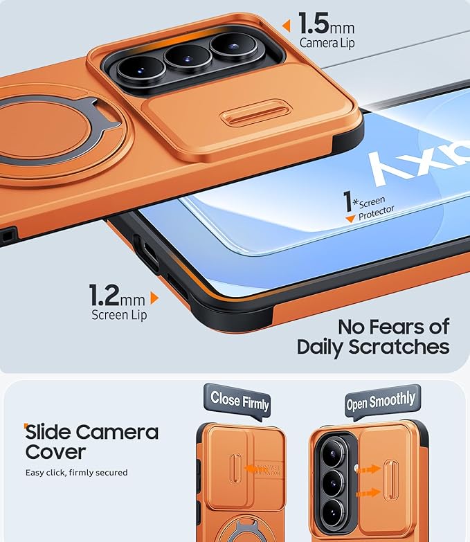 JAME for Samsung Galaxy S26+ Plus Case, Ring Holder Stand Kickstand, Slide Camera Cover with Screen Protector, Dual-Layer Shockproof Protective, Magnetic Accessory Friendly S26 Plus Phone Case, Orange