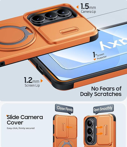 JAME for Samsung Galaxy S26+ Plus Case, Ring Holder Stand Kickstand, Slide Camera Cover with Screen Protector, Dual-Layer Shockproof Protective, Magnetic Accessory Friendly S26 Plus Phone Case, Orange