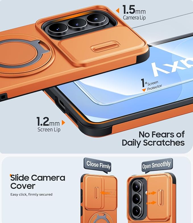 JAME for Samsung Galaxy S26 Case, Ring Holder Stand Kickstand, Slide Camera Cover with Screen Protector, Dual-Layer Shockproof Protective, Magnetic Accessory Friendly Galaxy S26 Phone Case, Orange