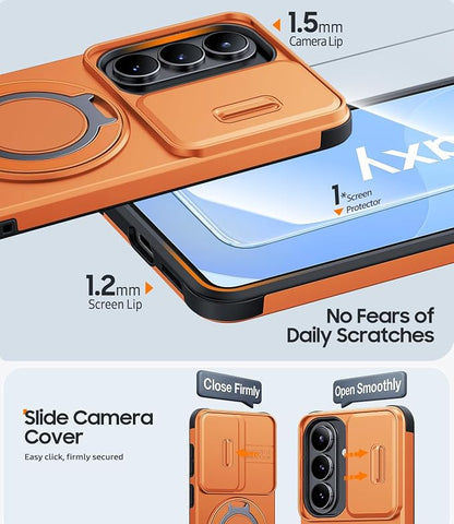 JAME for Samsung Galaxy S26 Case, Ring Holder Stand Kickstand, Slide Camera Cover with Screen Protector, Dual-Layer Shockproof Protective, Magnetic Accessory Friendly Galaxy S26 Phone Case, Orange