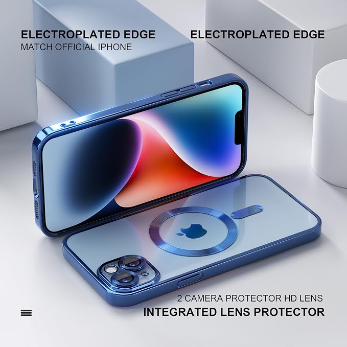 Misea Magnetic for iPhone 14 Case Compatible with MagSafe [Never Yellowing] [Military Grade Drop Protection] Full Camera Lens Protector Plating Soft Clear Phone Case for Women Girls, Blue
