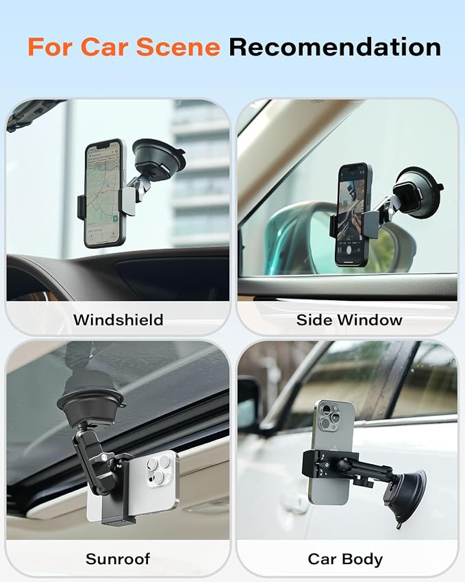 A2C Heavy Duty Suction Cup Phone Mount with Aluminum Alloy Arm & Clamp, 66LBS Vacuum Suction Phone Mount for Windshield Dashboard, Universal Car Phone Holder for All Phones Fit Jeep Wrangler, F150
