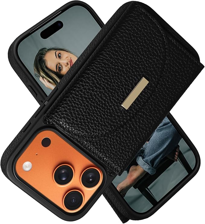 Keallce Wallet Case for iPhone 17 Pro 6.3'', Flip Case with RFID Blocking Card Holder Slots Kickstand, PU Leather Protective Folio Cover for Women, Black