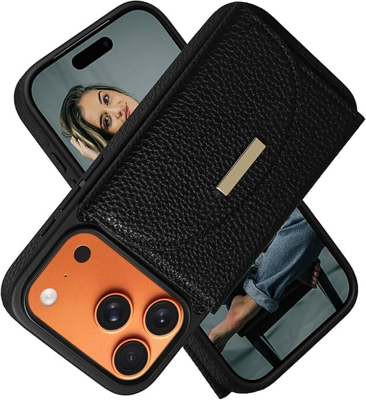 Keallce Wallet Case for iPhone 17 Pro 6.3'', Flip Case with RFID Blocking Card Holder Slots Kickstand, PU Leather Protective Folio Cover for Women, Black